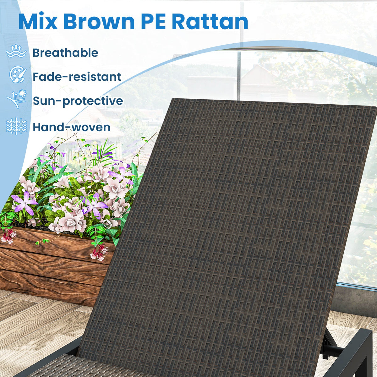 Patio PE Rattan Chaise Lounge with 5-Level Backrest and Wheels-Brown