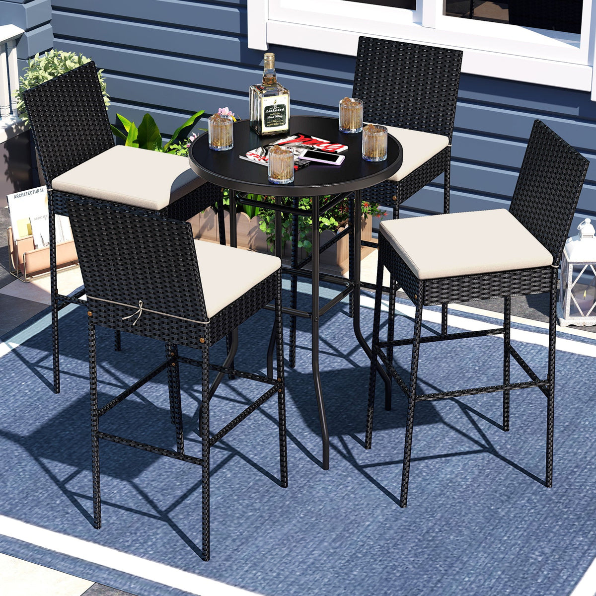 Patio Wicker Barstools Set of 2 with Footrest and Backrest for Backyard