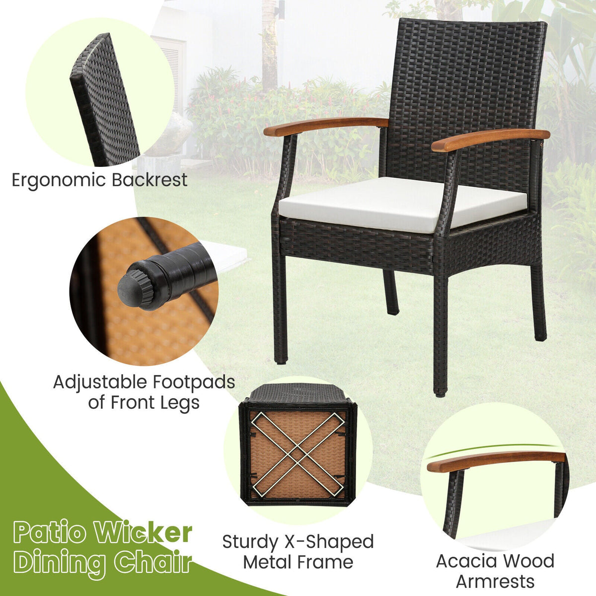 7 Pieces Patio Wicker Cushioned Dining Set with Wood Armrest and Umbrella Hole
