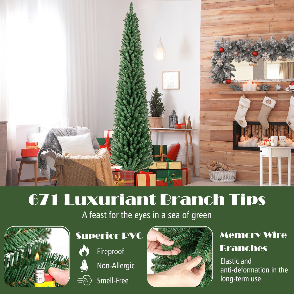 Pencil Christmas Tree with Memory Wire Branch Tips and Warm LED Lights
