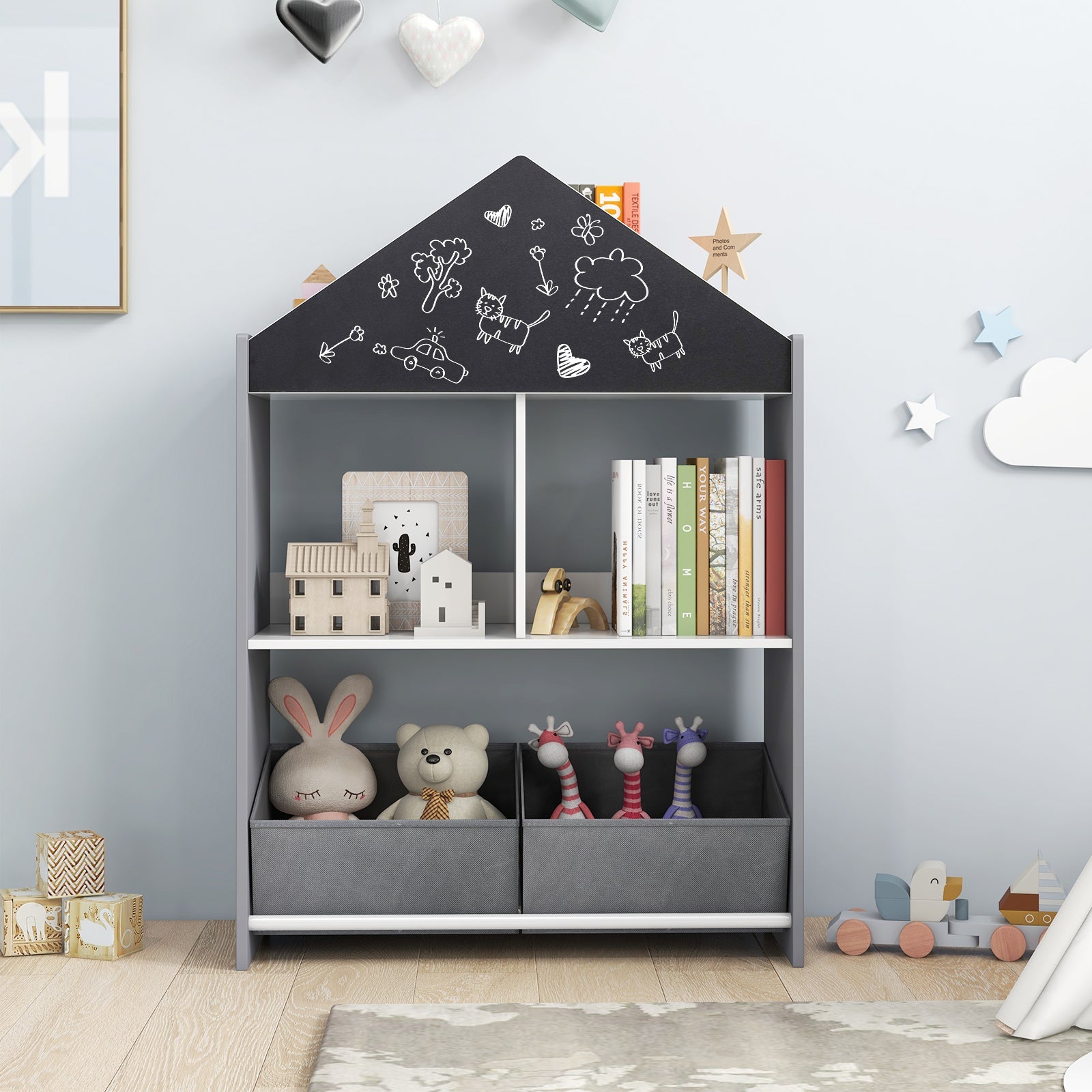 Playhouse Kids Bookshelf with Chalkboard and Whiteboard for 3-6 Years