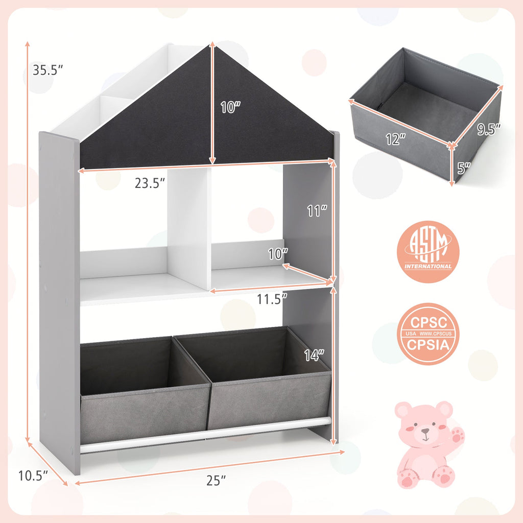 Playhouse Kids Bookshelf with Chalkboard and Whiteboard for 3-6 Years