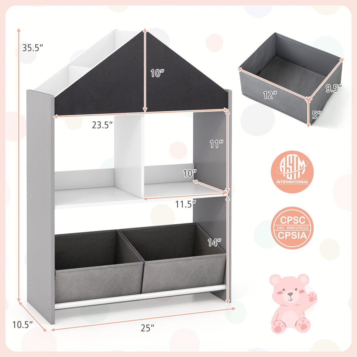 Playhouse Kids Bookshelf with Chalkboard and Whiteboard for 3-6 Years