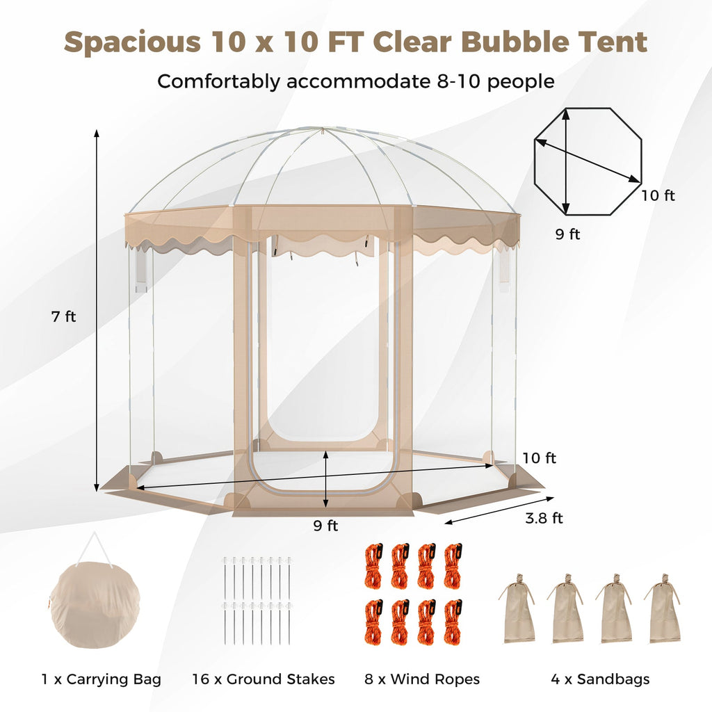 Pop Up Bubble Tent 10x10 FT for 8-10 People Weatherproof Pod with 540¬∞ Panoramic Clear PVC