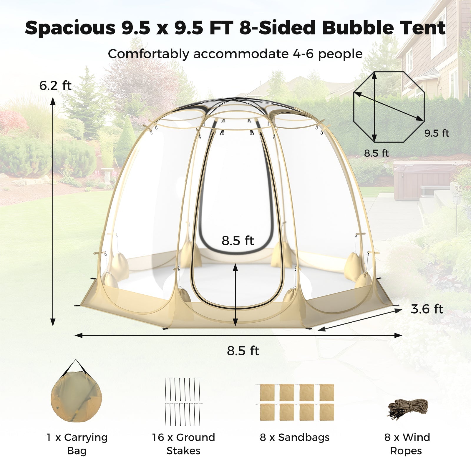 Pop Up Bubble Tent 630¬∞ Transparent PVC Igloo 8.5 x 8.5 FT Instant Setup Screen House for 5-6 People-Beige