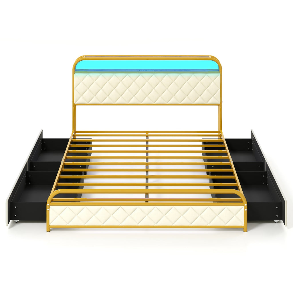 Twin/Full/Queen Size Bed Frame with LED Lights and Charging Station Gold