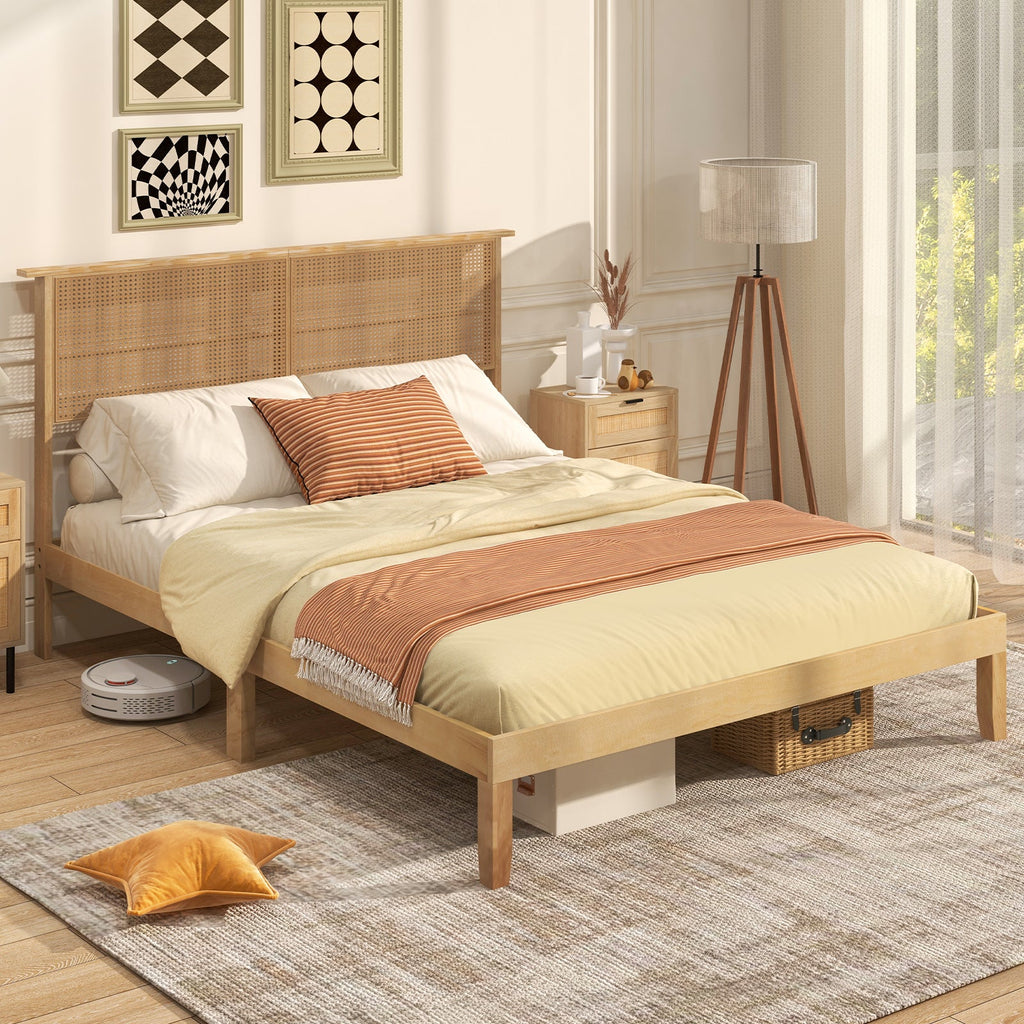 Twin/Full/Queen Size Bed Frame with Rattan Headboard