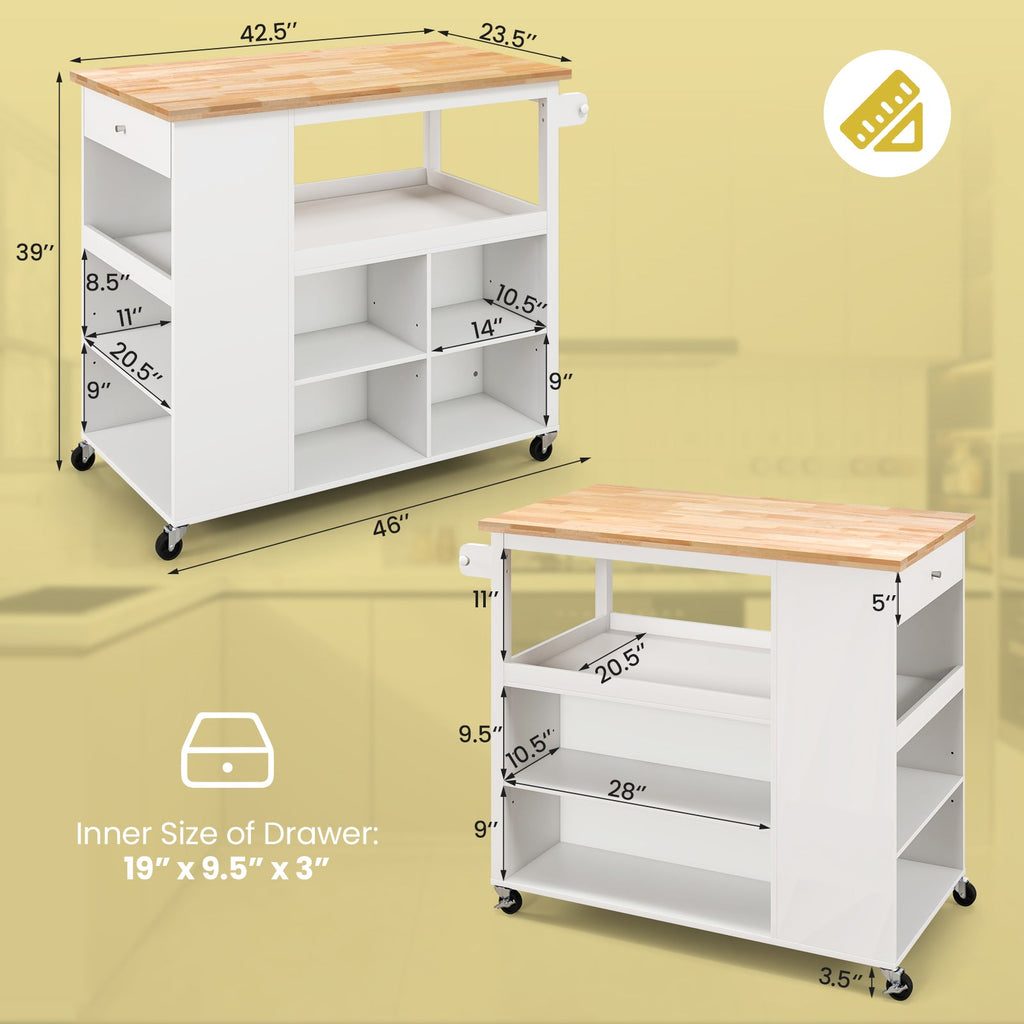 Kitchen Island Trolley Cart on Wheels with Storage Open Shelves and Drawer-White