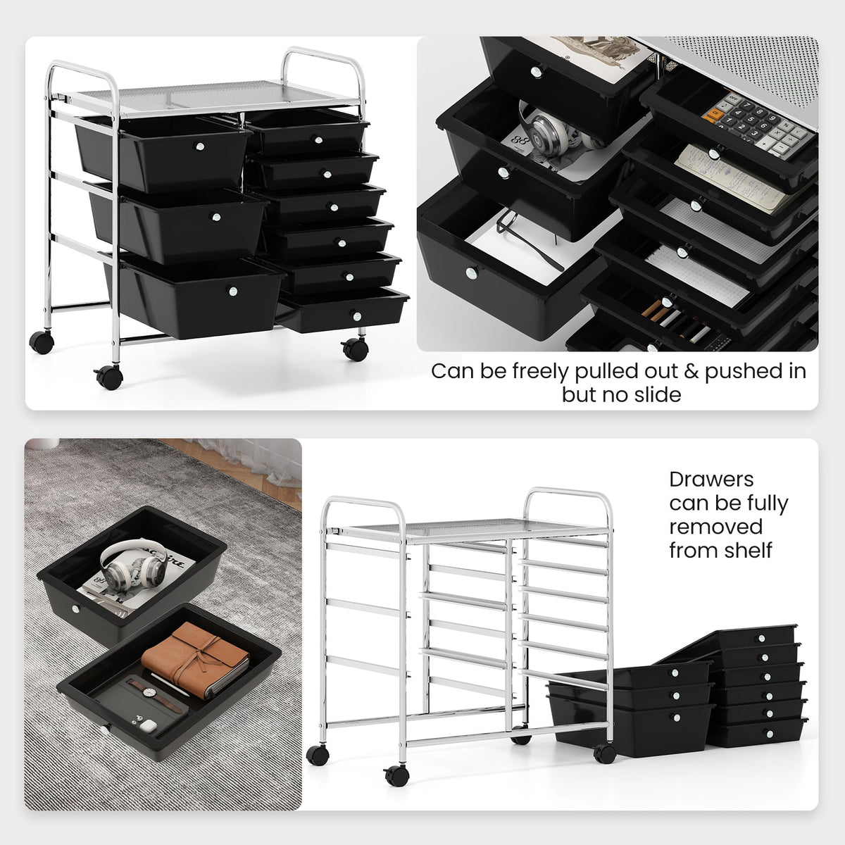 9-Drawer Rolling Storage Cart with Colorful Drawers and Metal Frame