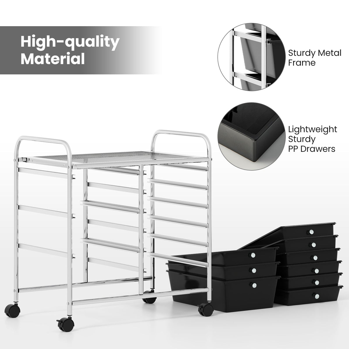 9-Drawer Rolling Storage Cart with Colorful Drawers and Metal Frame