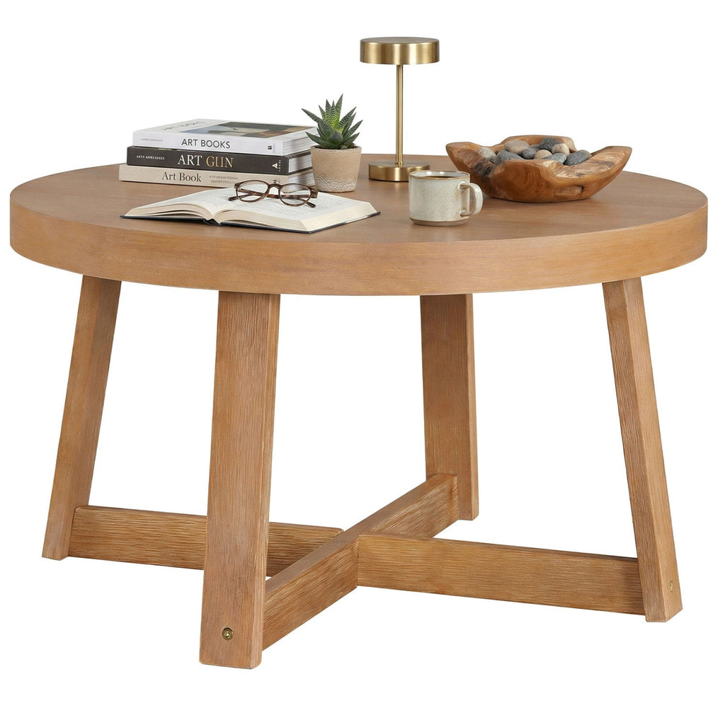 Round Coffee Table for Living Room 30 inch Farmhouse Accent Table with Study Rubber Wood Legs-Yellow