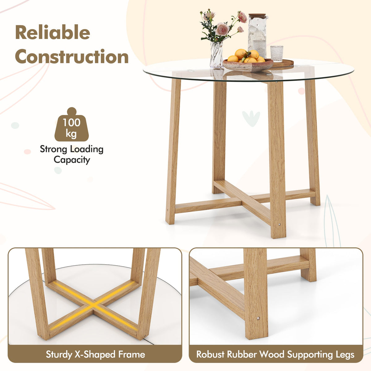 42 Inches Round Glass Dining Table with Tempered Glass Tabletop and Rubber Wood Legs-Natural