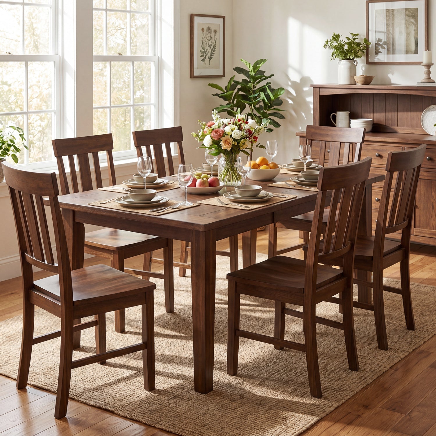 Rubber Wood Dining Chairs Set of 4 with High Slat Backrests