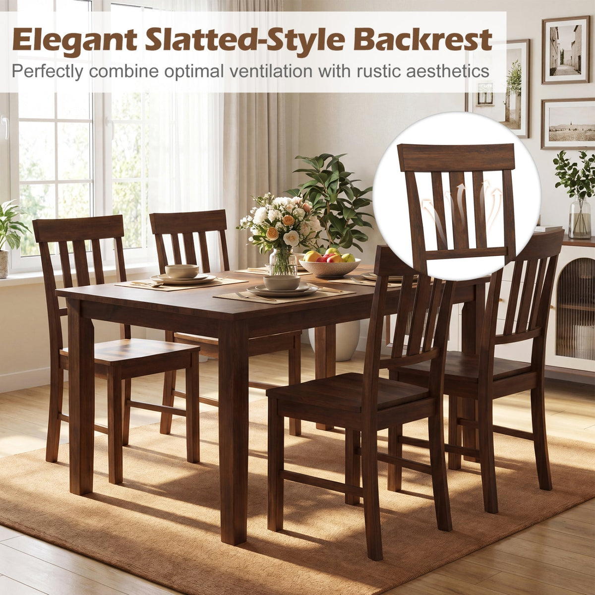 Rubber Wood Dining Chairs Set of 4 with High Slat Backrests