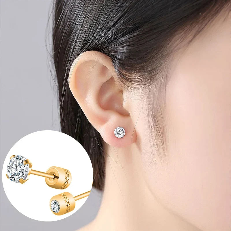 1Pair Stainless Steel Crystals Stud Earrings | Classic Screw-Back Jewelry
