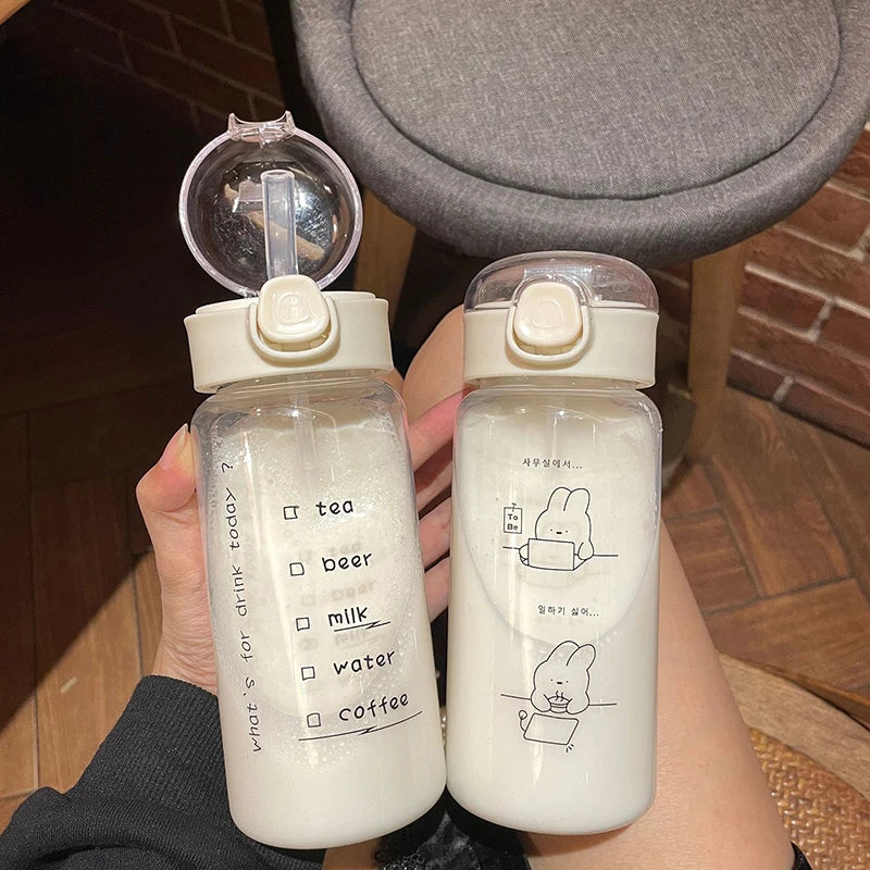 Cartoon Water Bottle With Straw | Cute Plastic Drinking Bottle for Milk, Coffee, and Tea
