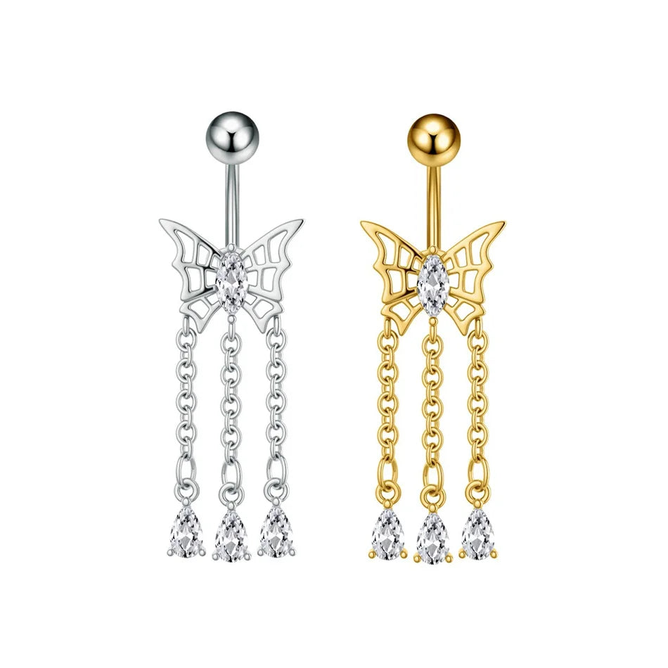 14G Crystal Heart Butterfly Dangle Belly Button Rings CZ Zircon Drop Navel Barbell Belly Rings Body Piercing Jewelry for Women