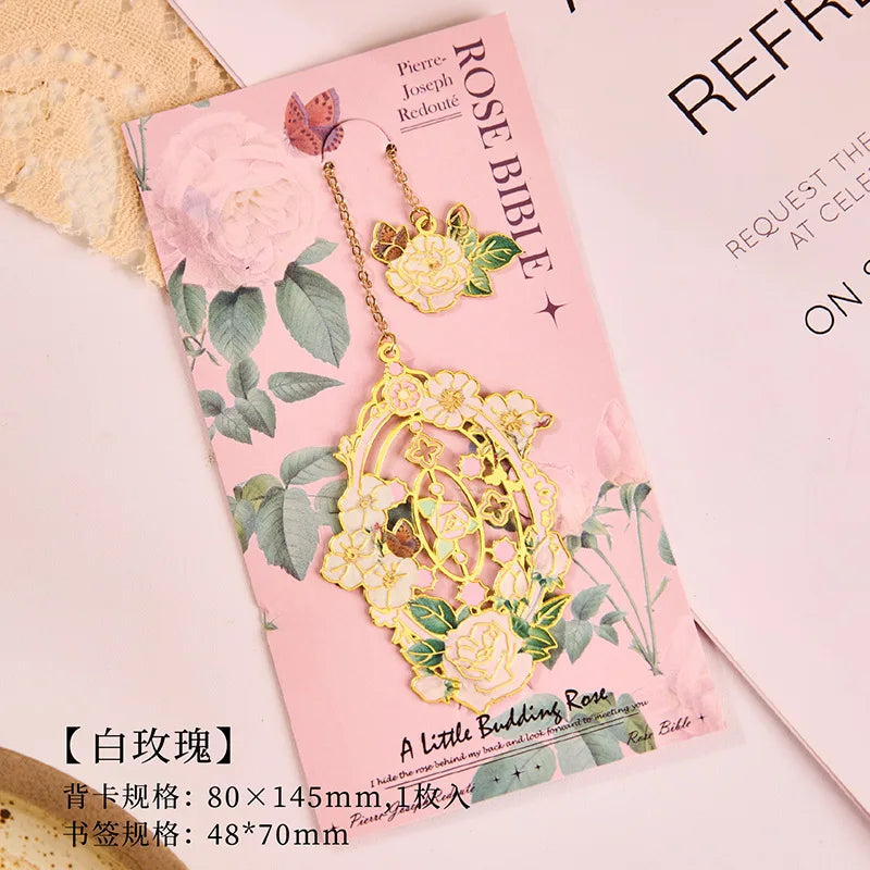 Retro Metal Aesthetic Rose Bookmark Pendant Chinese Style Floral Painting Bookmark Student Reading Mark Book Accessories Gift
