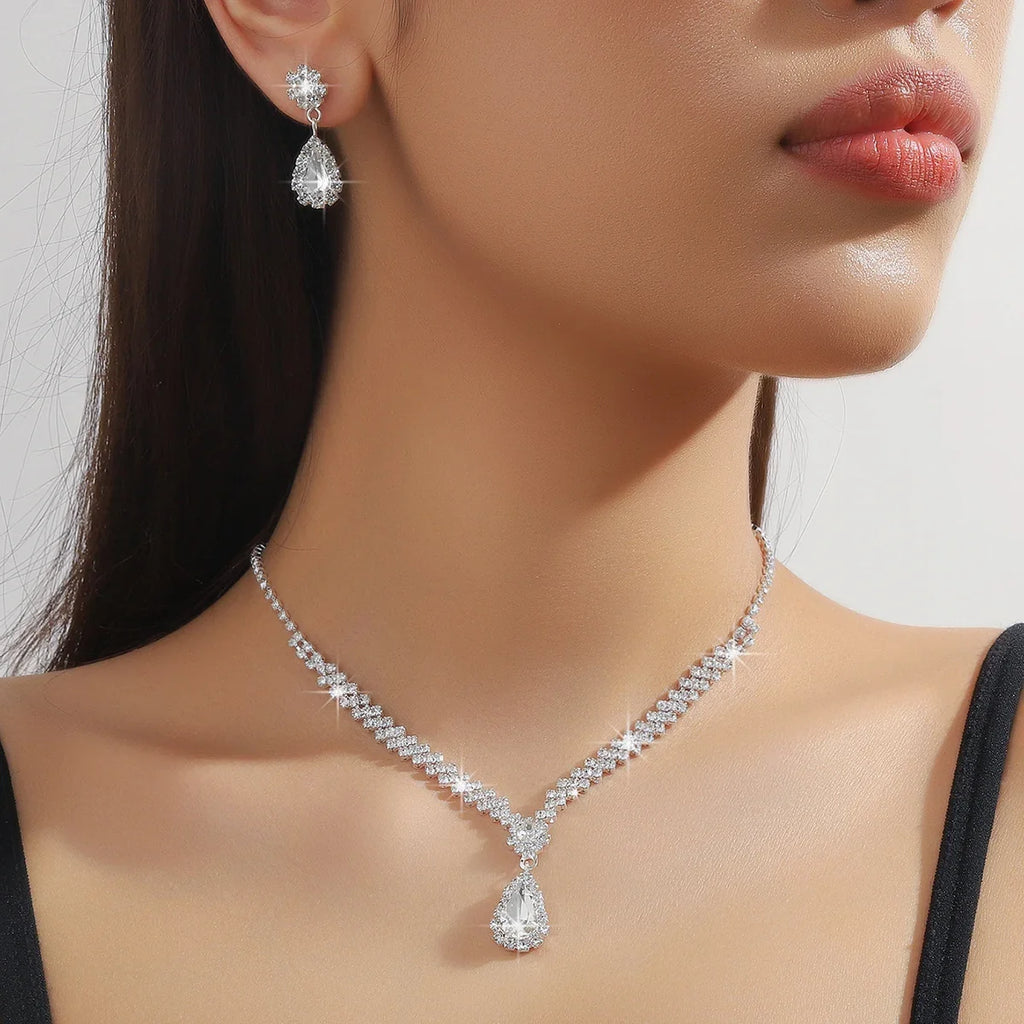 3 Pieces Of Fashionable Women's Water Drop Necklaces And Earrings Set For Wedding Season, Banquet And Party Accessories-2910
