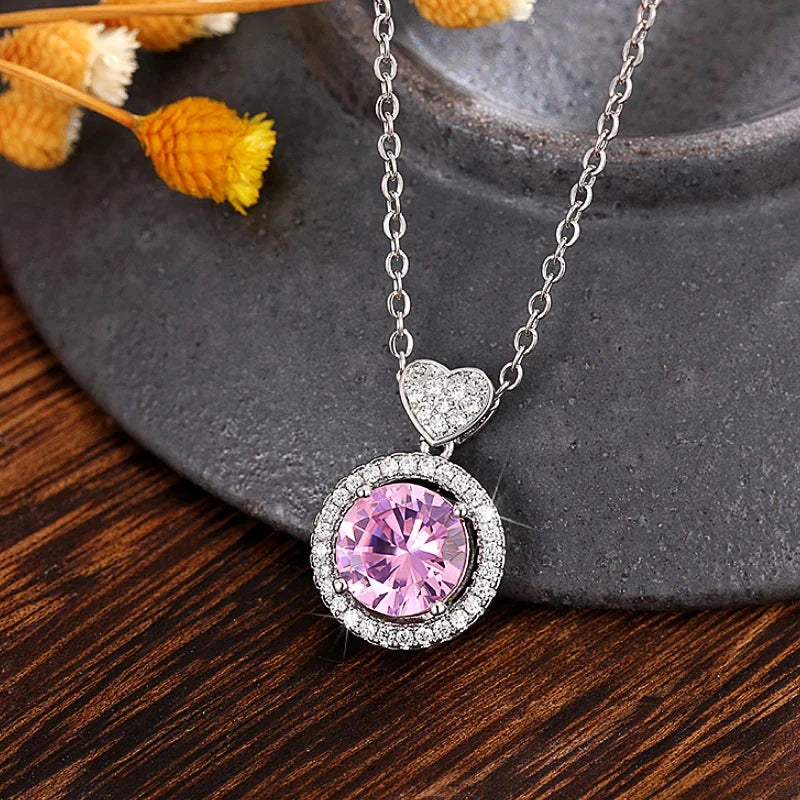 Huitan Romantic Pink Cubic Zirconia Pendant Necklace for Women Engagement Wedding Party Luxury Trendy Neck Accessories Jewelry