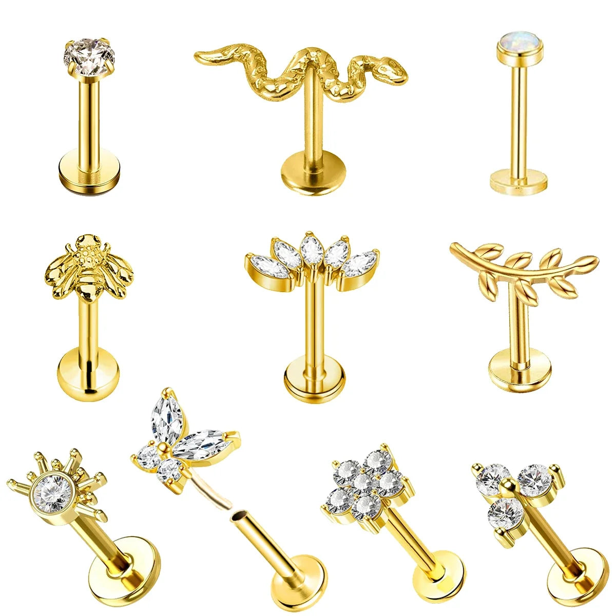 EVISPOL 16G Hypoallergenic Stainless Steel Threadless Insert Labret Lip Rings Tiny Crystal CZ Butterfly Flower Piercing Jewelry