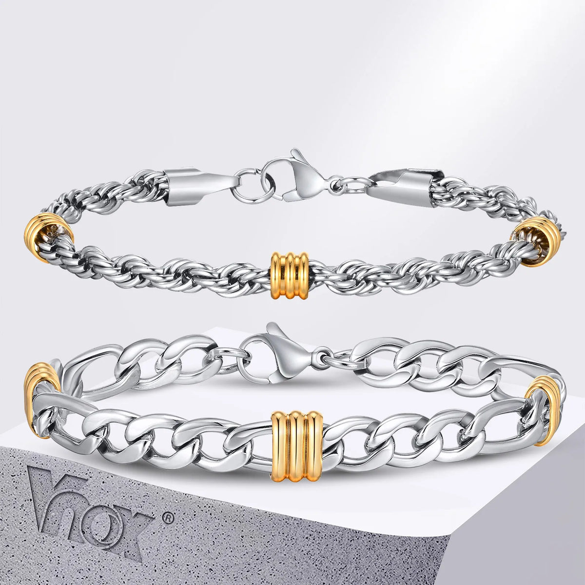 Vnox Men's Stainless Steel Rope Chain Bracelet with Tube Charms | Trendy Cuban Link Wristband