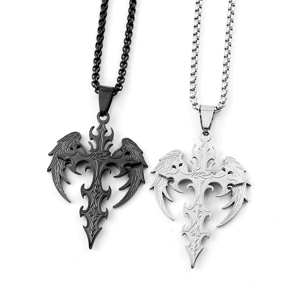 Gothic Punk Angle Wing Spiked Cross Pendant Necklace For Women Men Stainless Steel Black Color Hip Hop Chain Protection Jewelry