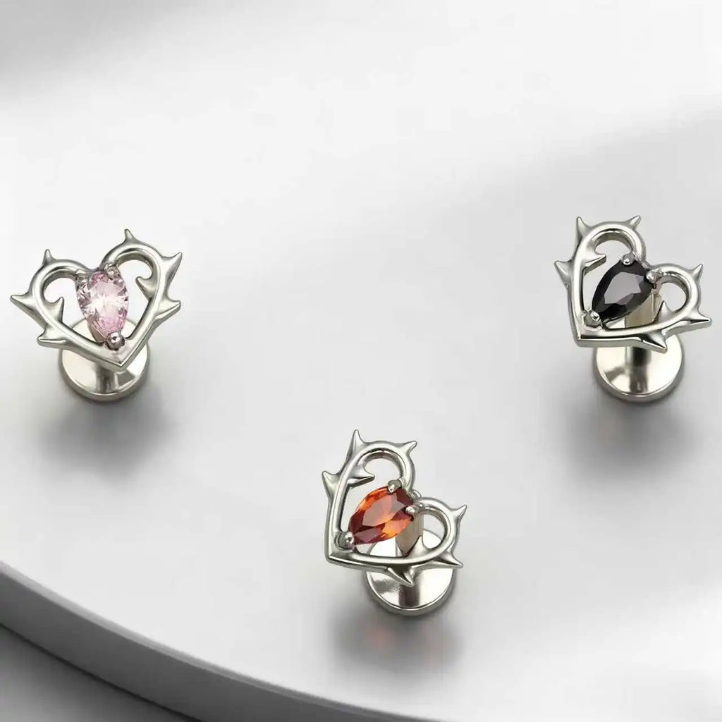 G23 Titanium Lip Piercing Stud Earring with Heart Design Teardrop CZ Nose Stud Internal Thread Helix Cartilage Labret Jewelry
