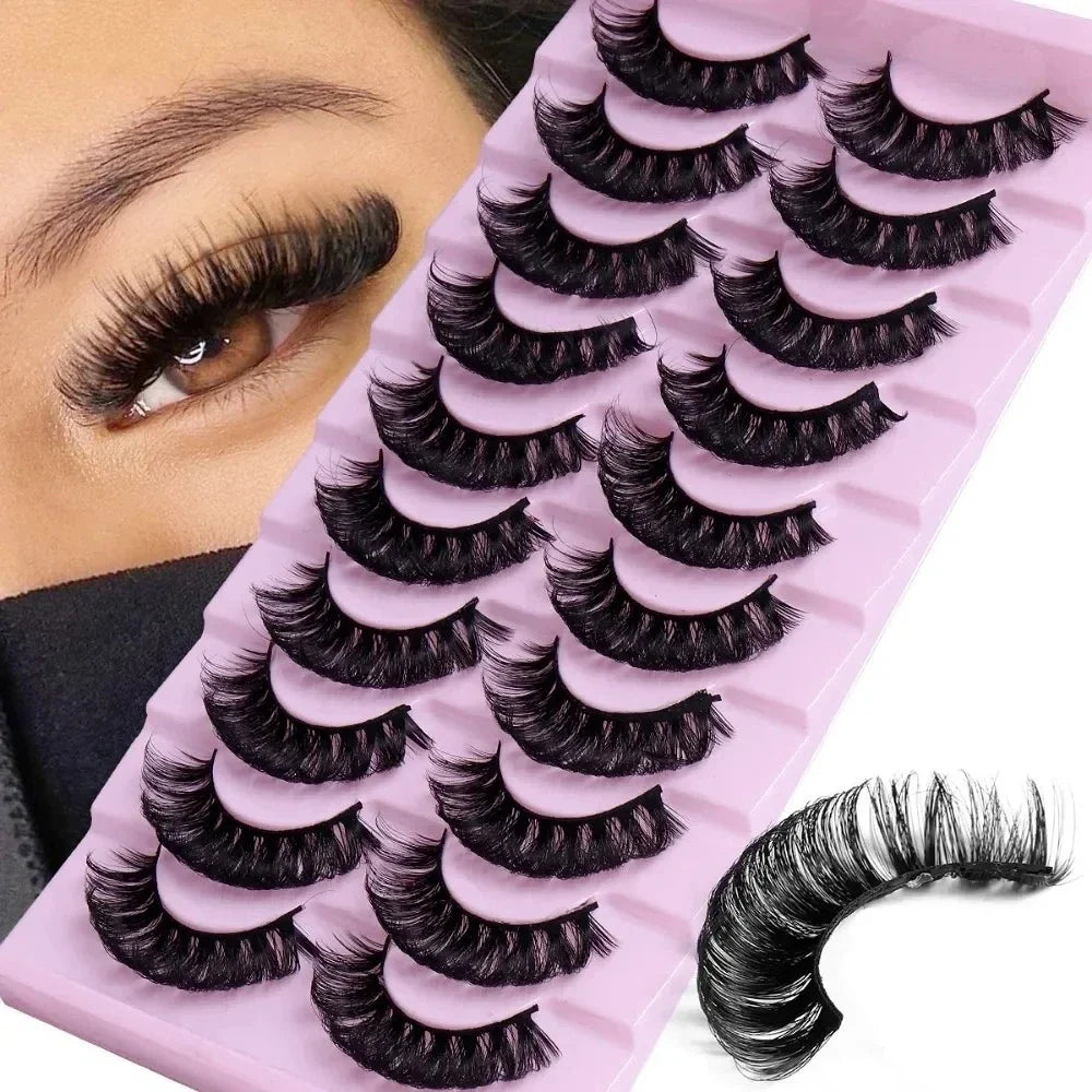 10 Pairs D Curl False Eyelashes Russian Volume Strip Lashes Fluffy Thick Wispy Fake Eyelashes for Party Stage Makeup