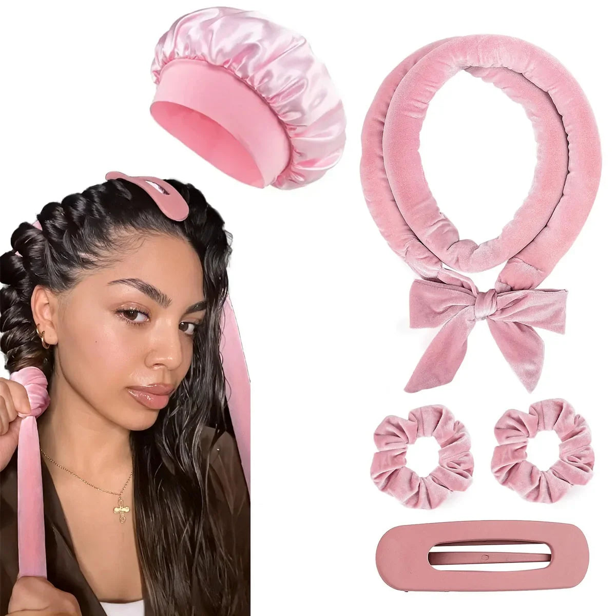 Velvet Heatless Hair Curlers Headband Kit No Heat Curls Tool + Satin Sleep Cap + Hair Ties Hairdressing Hair Care Styling Tools