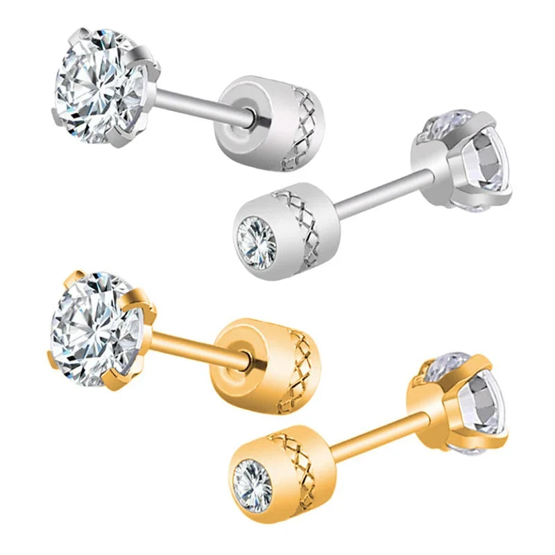 1Pair Stainless Steel Crystals Stud Earrings | Classic Screw-Back Jewelry