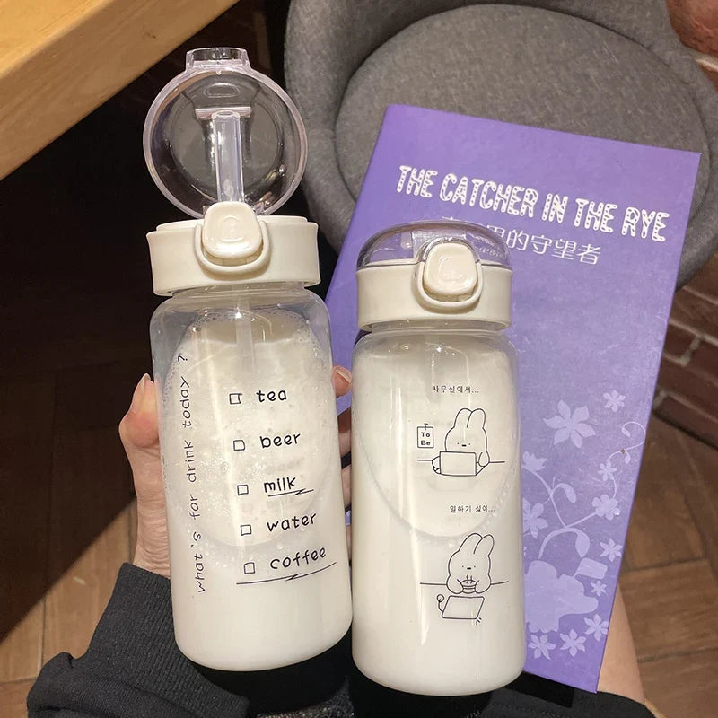 Cartoon Water Bottle With Straw | Cute Plastic Drinking Bottle for Milk, Coffee, and Tea