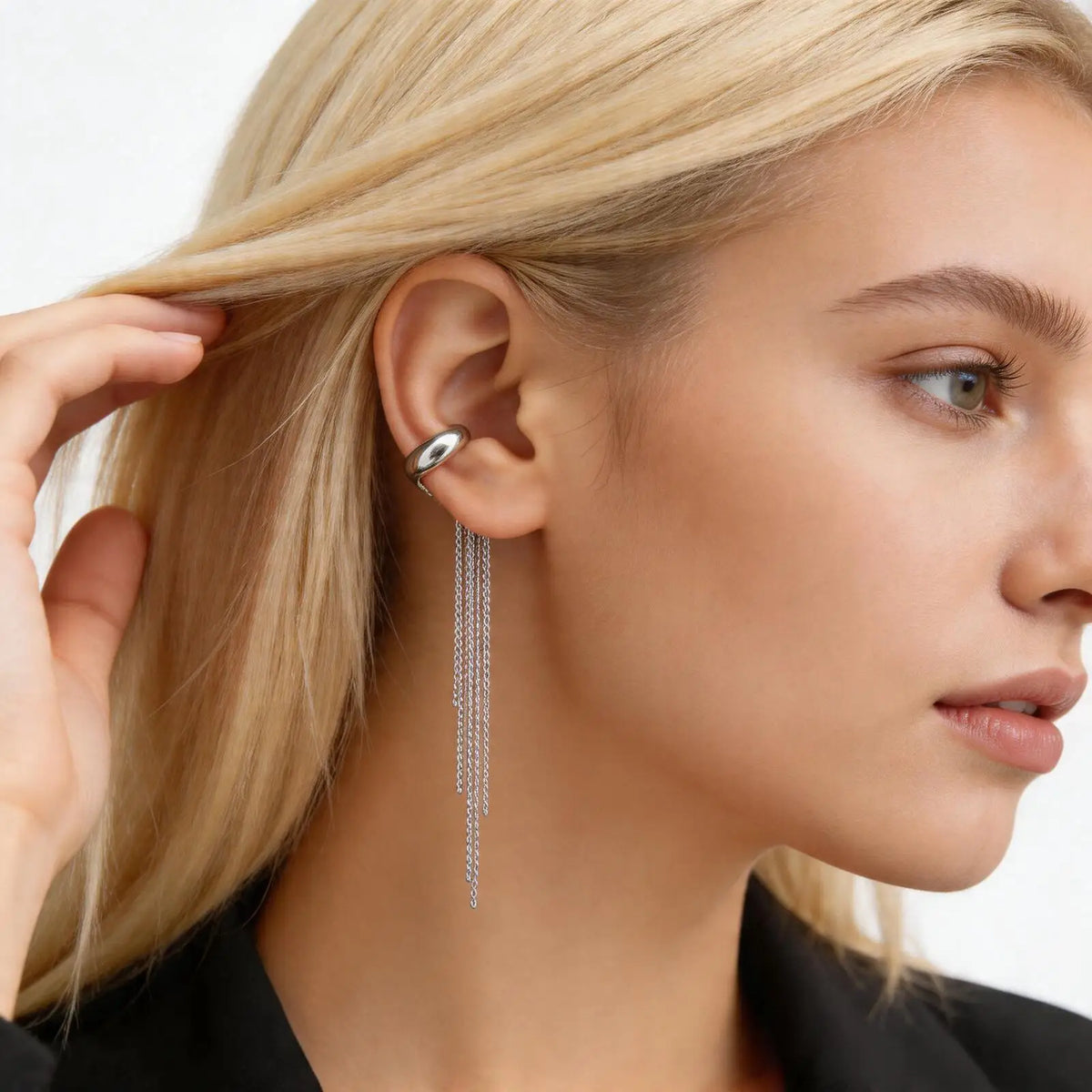 Silver Color Long Tassel Ear Cuff, No Piercing Chain Earrings, Punk Gothic Earcuff, Y2K Aesthetic Jewelry for Women 1PCS