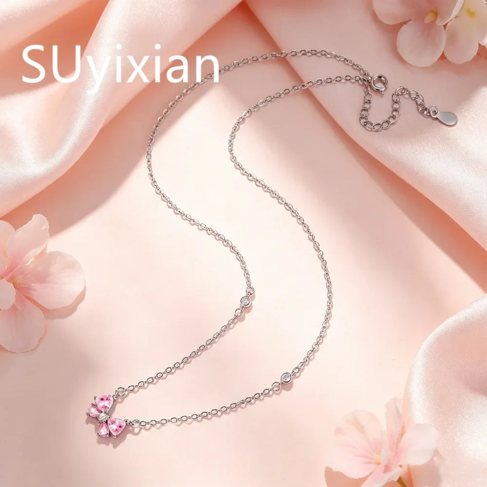 925 Sterling Silver Stylish Sweet Pink Bow Zircon Necklace Birthday Party Anniversary Gift Ladies Jewelry