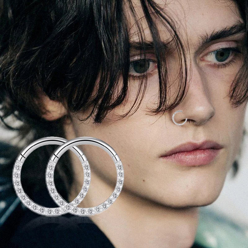 Steel Hinged Segment Hoop CZ Stone Nose Ring Nipple Clicker Ear Cartilage Tragus Helix Lip Earring Piercing Body Jewelry