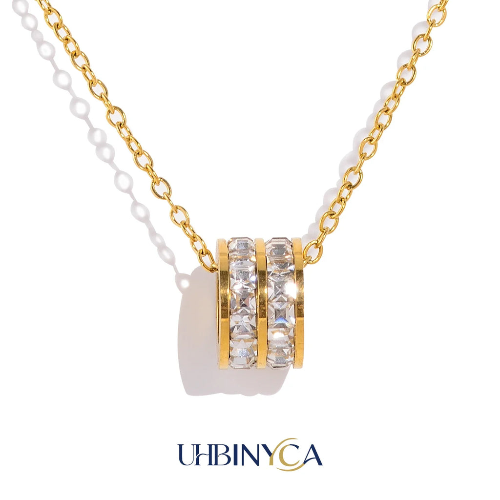 Double Row CZ Pendant Necklace 18K Gold Plated Stainless Steel Waterproof Hypoallergenic Elegant Party Fashion Jewelry for Women