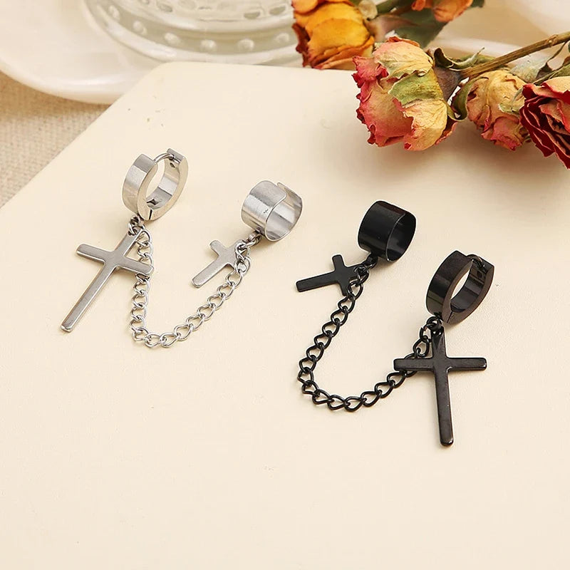 Cross Tassel Clip Earrings | Unisex Punk Hoop Earrings with Chain