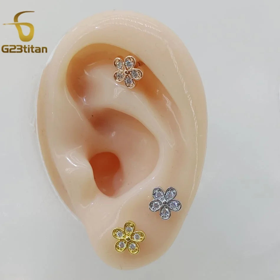 2PC Women's Flower Zircon Stud Earrings 3 Colors Engagement Wedding Jewelry for Cartilage Helix Lobe Piercing