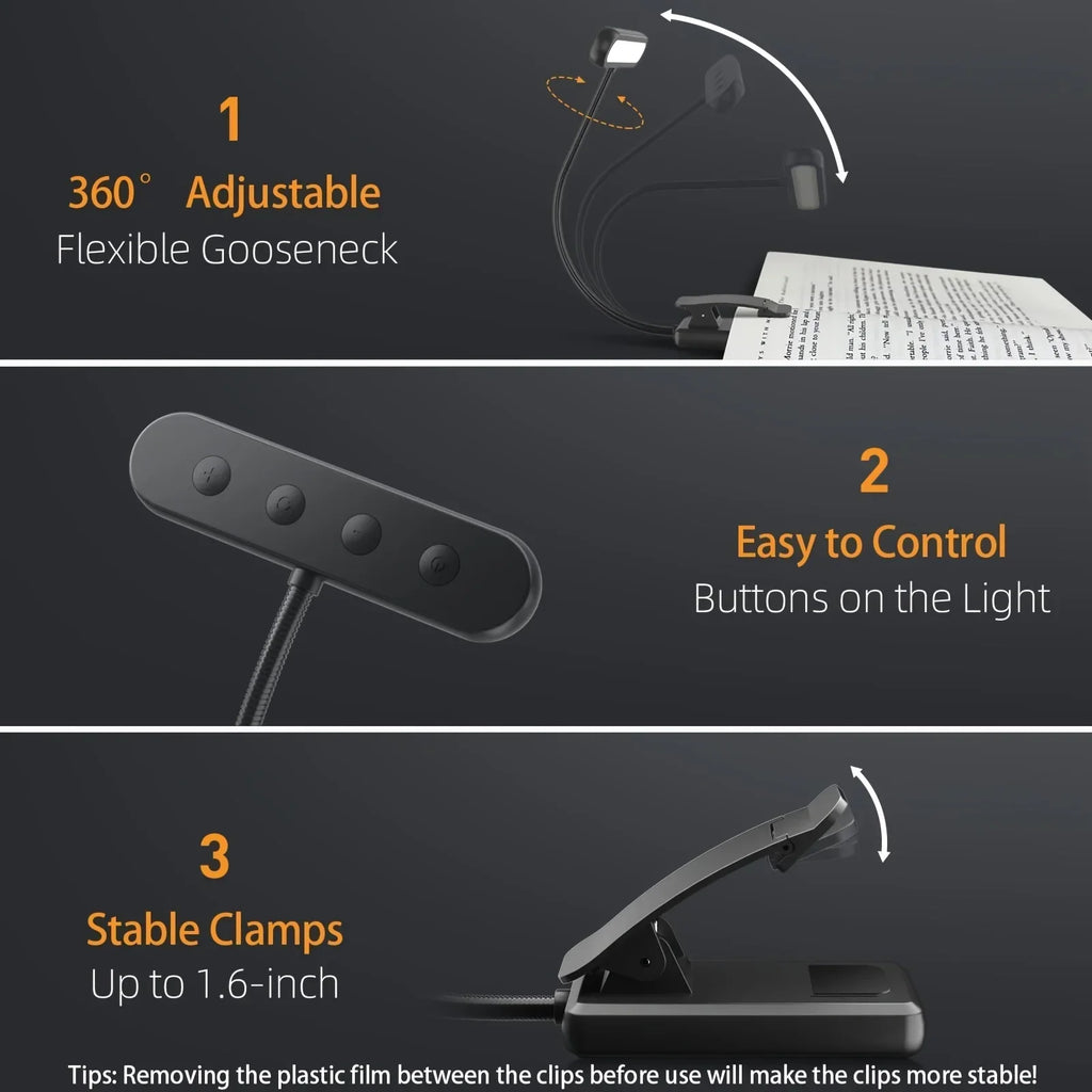 Portable Flexible Easy Clip Night Reading Lamp USB Rechargeable Reading Light 3Colors Warm Cool White Daylight Book Lamp