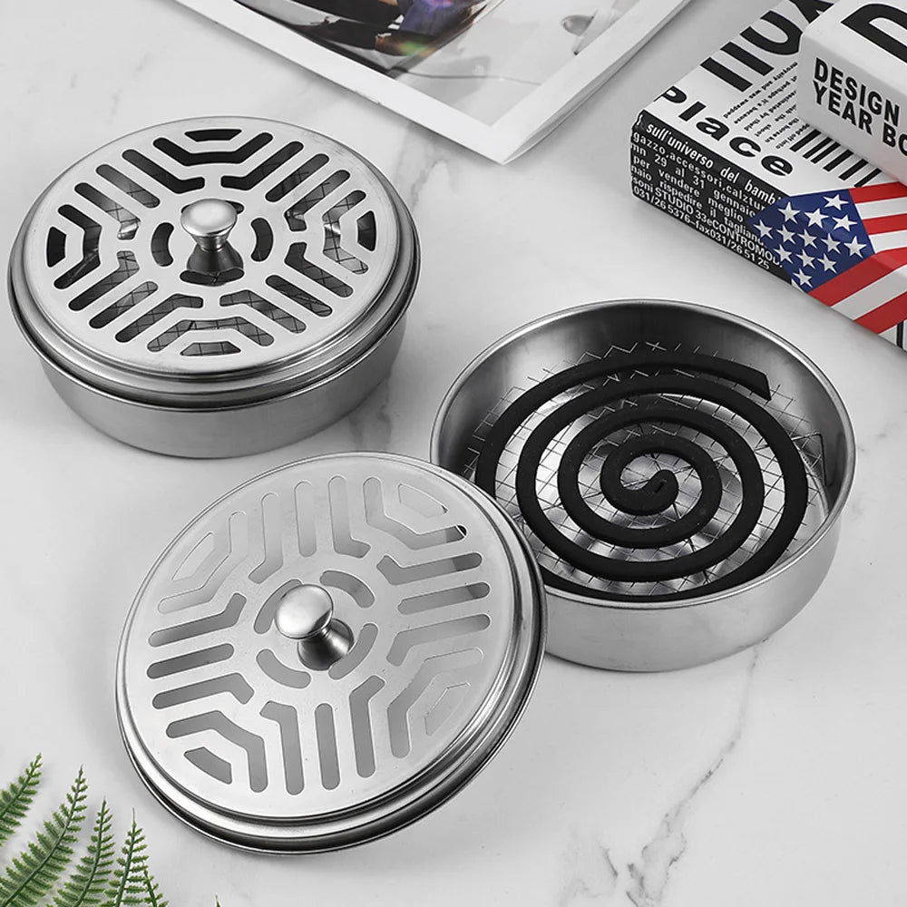 Mosquito Coils Holder Stainless Steel Mosquito Coil Box with Cover | Round Mosquito Coil Tray Easy To Clean Anti-Mosquito Supplies