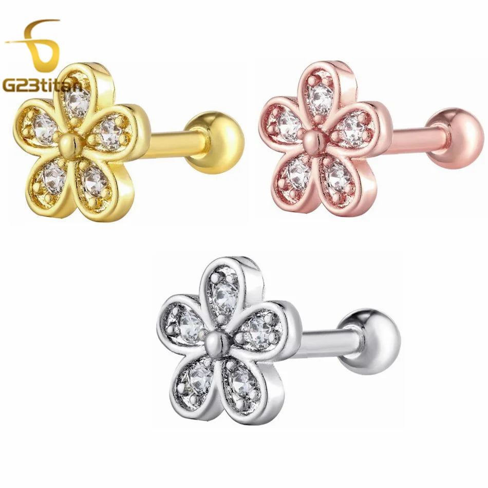 2PC Women's Flower Zircon Stud Earrings 3 Colors Engagement Wedding Jewelry for Cartilage Helix Lobe Piercing
