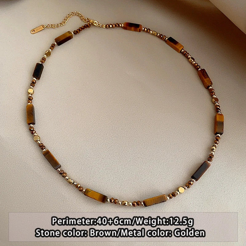Retro Temperament Layered Tiger Eye Stone Pendant Necklace For Women Stainless Steel Double-Layer Collarbone Chain Sets Jewelry