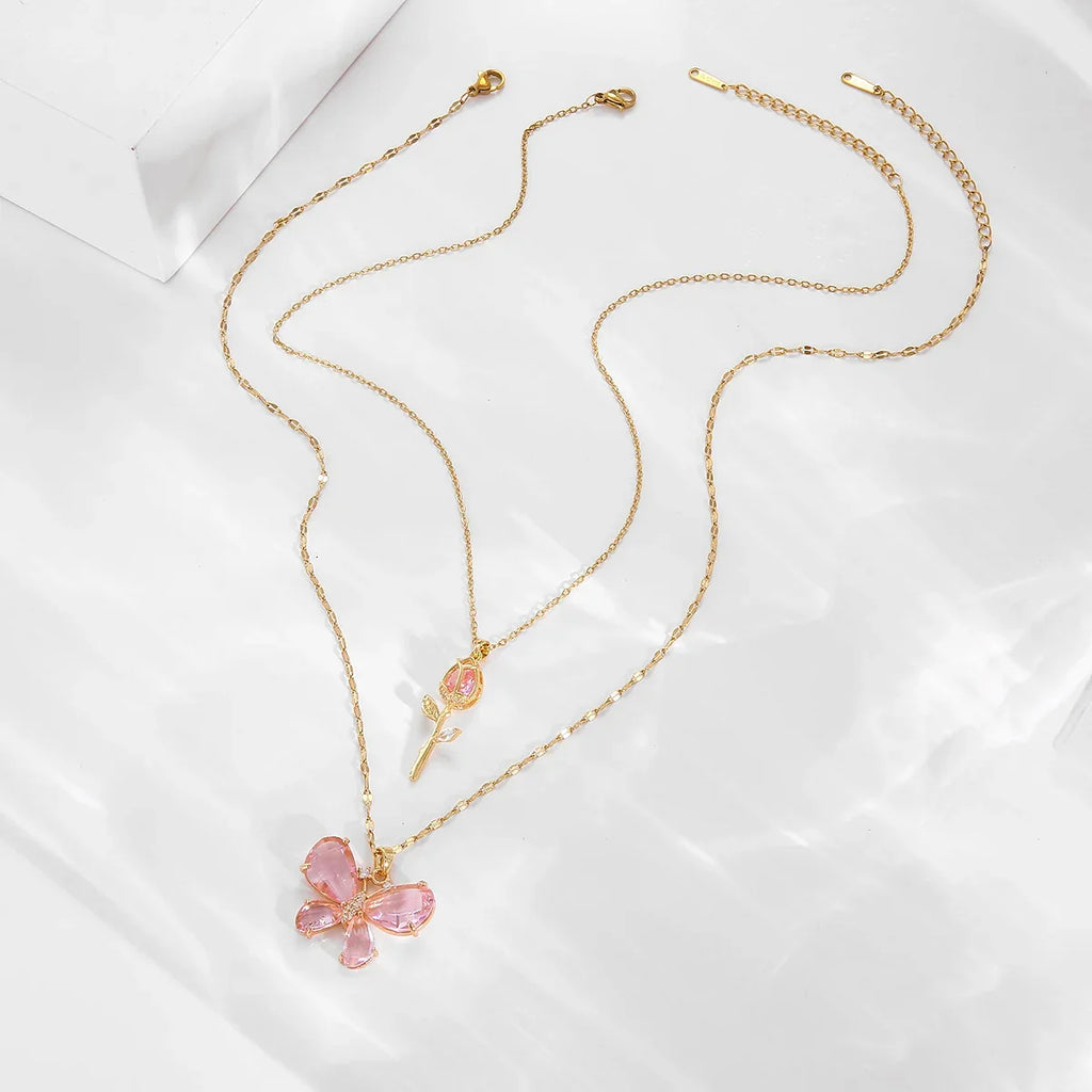 Elegant Pink Crystal Butterfly Necklace for Women High-End Zircon Flower Pendant Fashionable Jewelry Gift