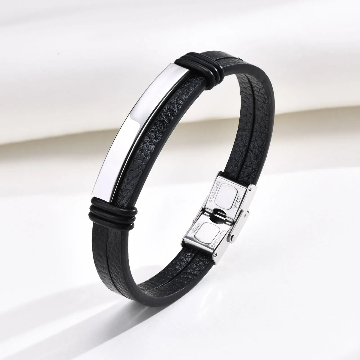 Genuine Leather Bracelet for Adult, Hip Hop Stainless Steel Charm Leather Wrap Bracelet, Wristband Hand Jewelry Gift