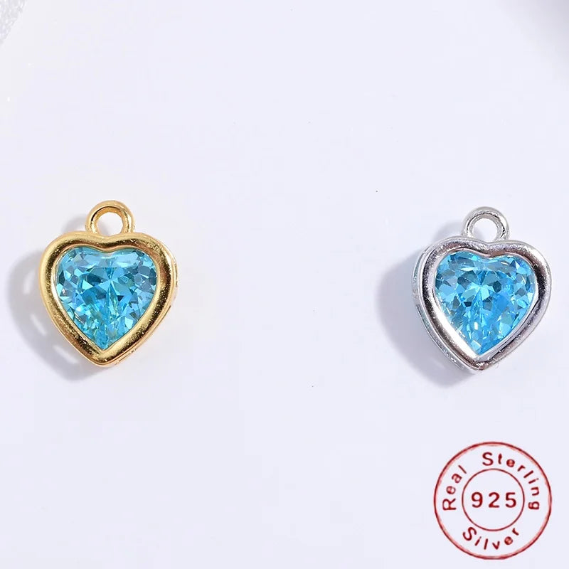 S925 Sterling Silver Heart Blue Crystal Charm DIY Handmade Bracelet Necklace Accessories For Women SD68