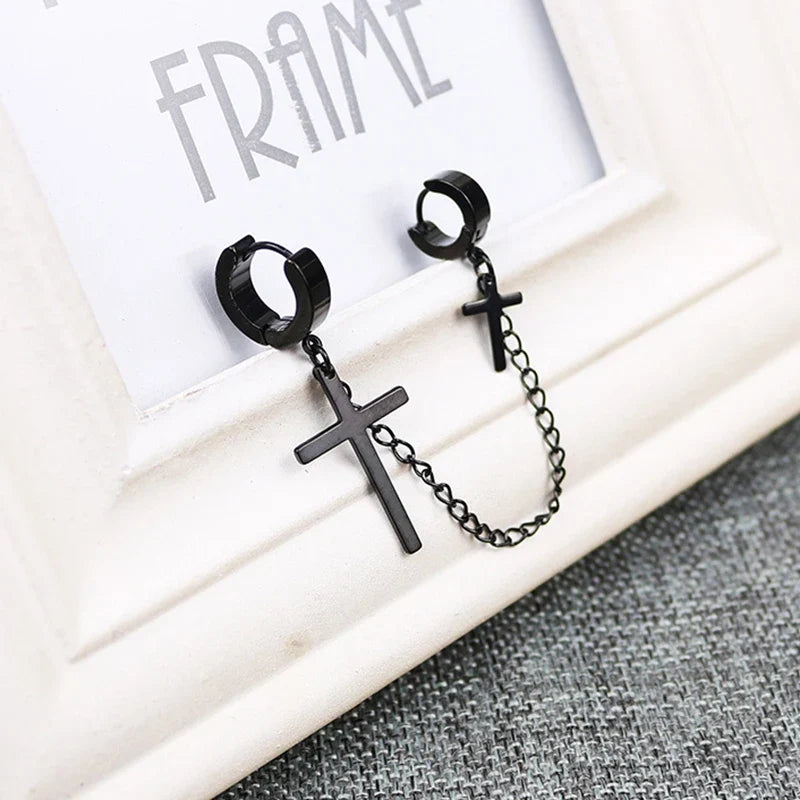 Punk Cross Pendant Clip Earring | Unisex Metal Chain Tassel Ear Cuff