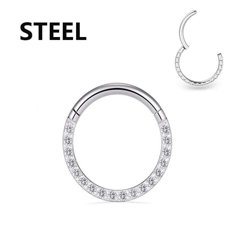 Steel Hinged Segment Hoop CZ Stone Nose Ring Nipple Clicker Ear Cartilage Tragus Helix Lip Earring Piercing Body Jewelry