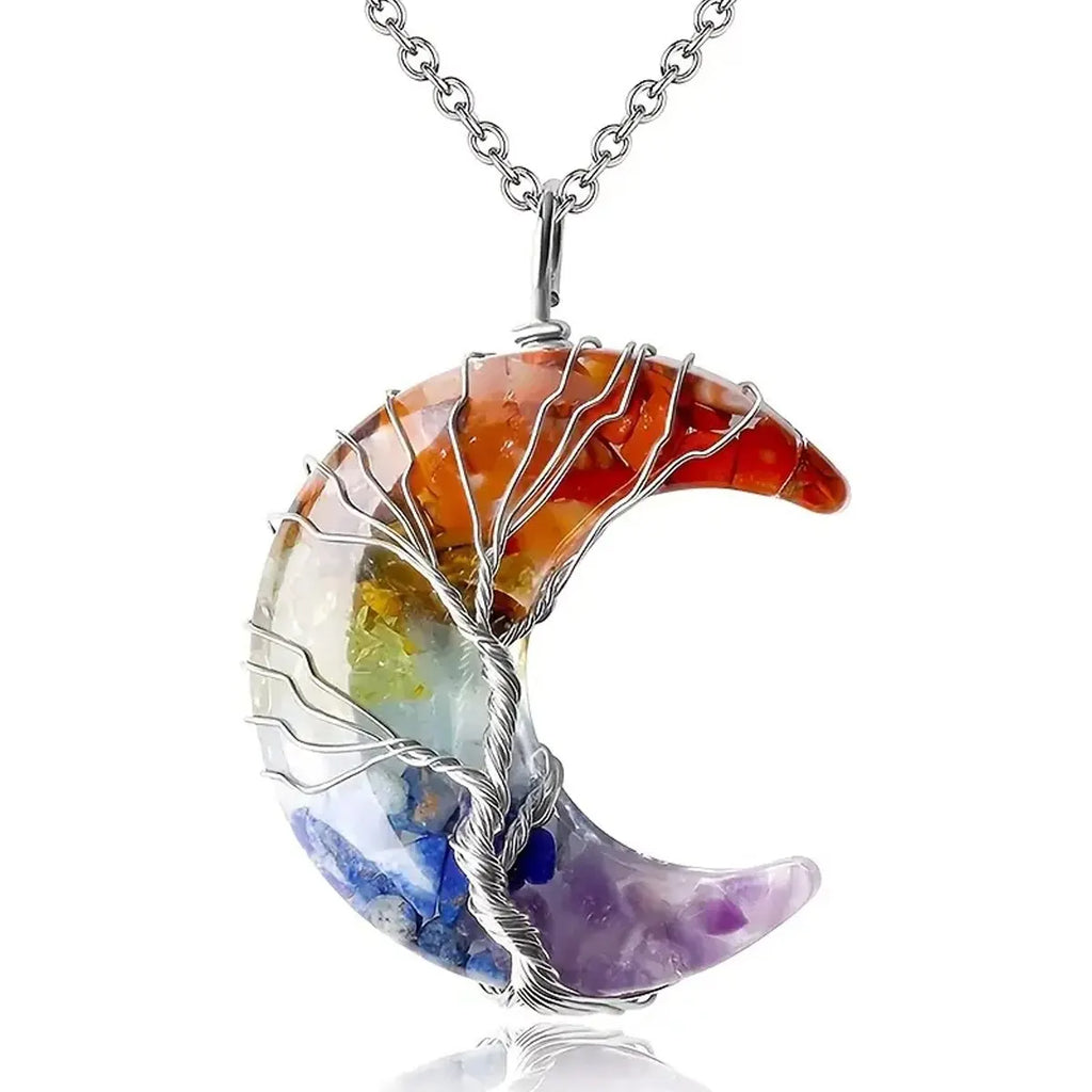 Tree of Life Necklace Wire Wrapped Crescent Moon Stone Pendant Necklaces 7 Chakra Healing Crystal Necklace For Stress Reduction