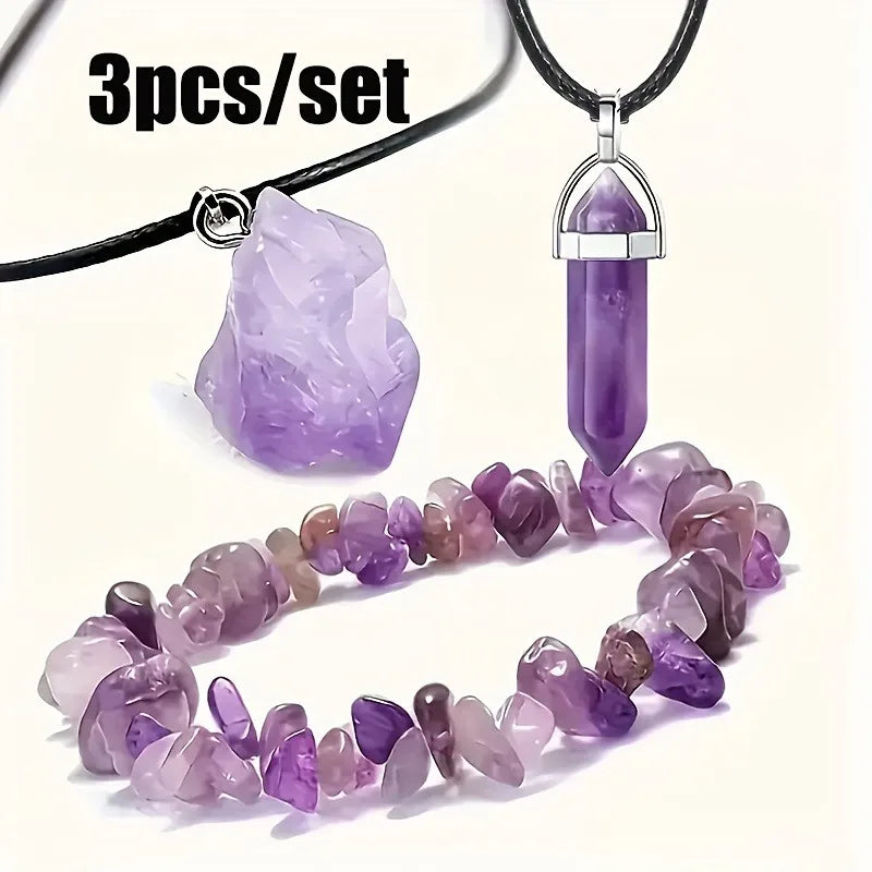 3Pcs Natural Amethyst Jewelry Set Irregular Chip Bracelet Raw Crystal Pendant Hexagonal Point Necklace Healing Spiritual Gift