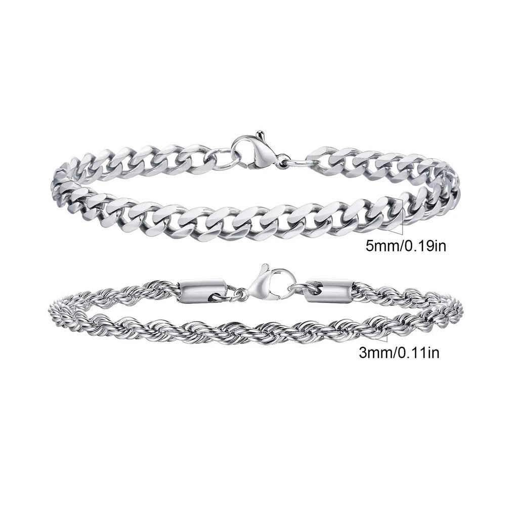 Men's Stainless Steel Chain Bracelets Set | 2pcs Silver Gold Black Twist Rope & Cuban Link